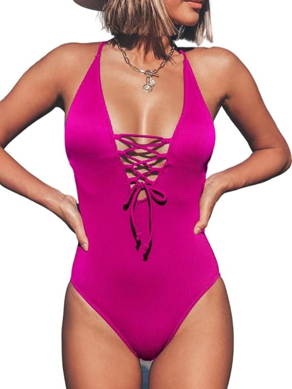 Cupshe Pink Ribbed One Piece Lace Up V Plunge Open Crisscross Back Large NWT